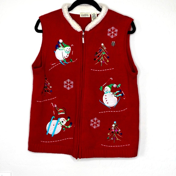 Vtg Classic Elements Red Sleeveless Skiing Happy Snowmen Sweater Vest w/Pin! Med - Picture 1 of 6